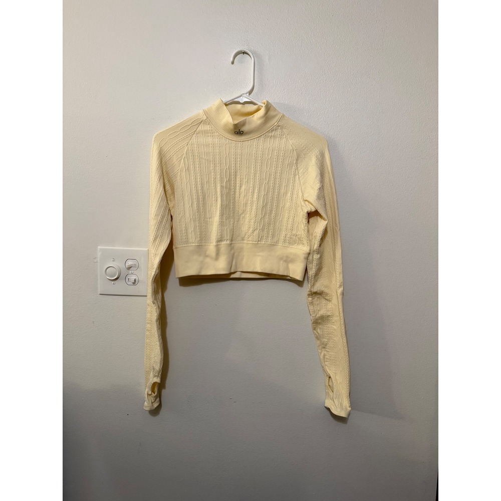 Alo Seamless Cable Knit Long Sleeve Mockneck Candlelight Yellow Size S